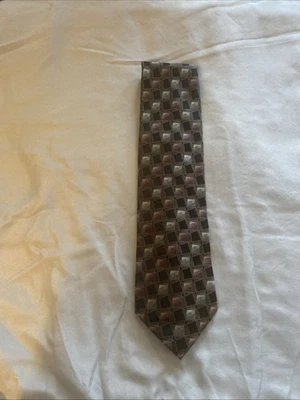 J. Ferrar 59” Tie Wide All Silk Hand Made In China Brown Gold Geometric Pattern - Image 1 of 2