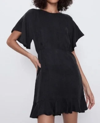 $39.90 Zara Loose Flutter Sleeve Off Black Tea Dress Size M Flutter Hem Lyocell - Image 1 of 4