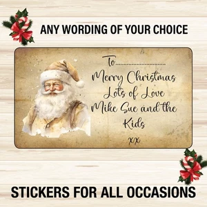 48 Personalised  Vintage Christmas Gift Tag  Kraft Effect Sticker Label 1119L - Picture 1 of 4