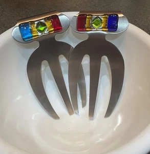 Lovely Salad Claws Colored Glass Stainless Steel New w/o Tags Unused Nice Gift - Foto 1 di 7