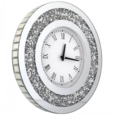 Silver Round Mirror Clock 20x20inches Crystal Sparkle Twinkle Bling Crush Dia... - Image 1 of 4