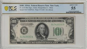 1934A $100 Federal Reserve Note (B/New York) PCGS 55 About Uncirculated AU - Picture 1 of 3
