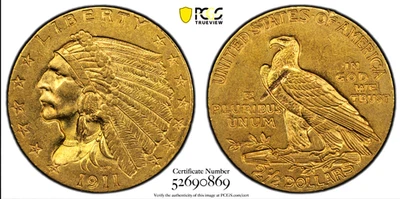 1911 GOLD $2.5 Indian Quarter Eagle PCGS AU-55 + Reverse ERROR Lamination $2 1/2 - Image 1 of 3