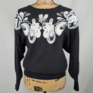 Vintage Cedars Embellished Sweater Black White Leather Accent Knit Top Large - Picture 1 of 10