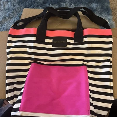 Victoria's Secret большая сумка с короткими ручками черный/белый/розовый крест тела Beach совершенно новый с ярлыком - Изображение 1 из 4