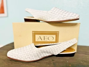 Vintage AEO Woven WHITE Leather Slip-On Slingback Flats Women's Sz. 10M - Picture 1 of 8