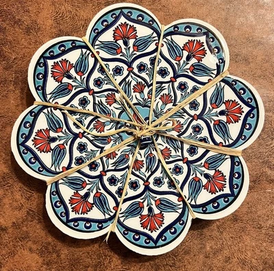 Cream, Blue, and Red Turkish Floral Ceramic Kitchen Trivets (Set of 2) - Image 1 of 3
