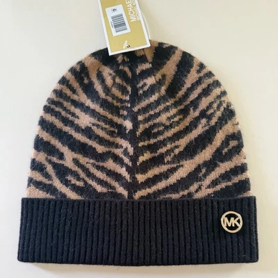 Gorro/sombrero de invierno tejido a rayas de tigre MICHAEL KORS: negro + camel - nuevo con etiquetas Foto 1 de 4