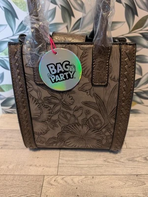 Bag Party Brown Hibiscus Design Handbag Purse Tote Small - Image 1 of 4