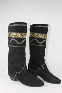 Women's Boots Suede Black Gold Size 4,5 True Vintage 90s - Picture 1 of 10