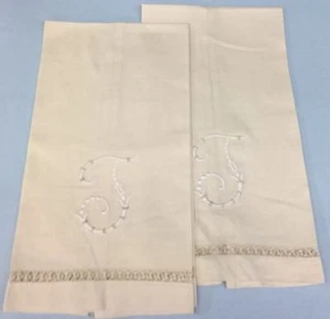 Hand Embroidered Monogrammed "T" Linen Hand/Guest Towel 2 pc set Free Shipping! - Picture 1 of 3