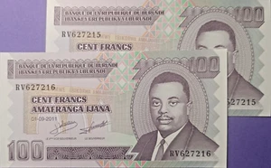 Burundi: P#44b 2 x 100 Francs 2011 Uncirculated Banknote N# 202888 - Picture 1 of 2