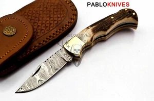 Hand Forged Damascus Steel Hunting Stag Lock Back Folding Knife, Pocket Knife - Picture 1 of 9
