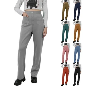 Women's Casual Straight Leg Pants With High Waist Button Elastic Business Work - Picture 1 of 39
