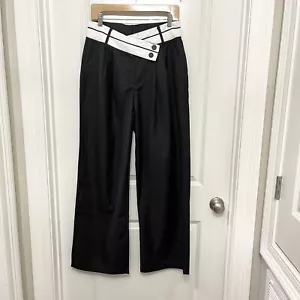 Nuevo con etiquetas Pantalón Commense Mujer L Negro Pierna Ancha Plisado Cintura Alta Blanco Cinturón - Imagen 1 de 12