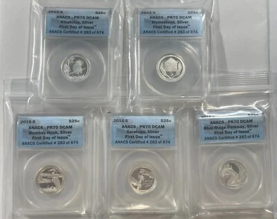 2015-S Silver 5 pc 25C Set (#19699) All ANACS Proof 70 DCAM. First Day of Issue. - Image 1 of 2