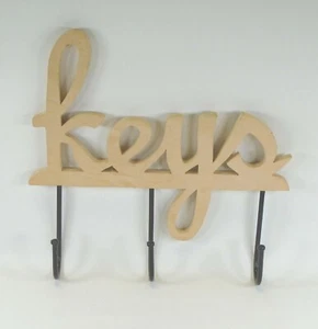 Handmade wooden KEY HOLDER RACK hanger wood script 3 large hooks wall decor sc - Picture 1 of 4