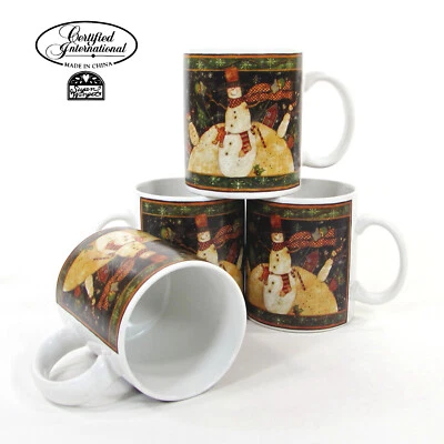 Certified International FOLK SNOWMAN 10oz Mug Set 4Pc Susan Winget Primitive - Image 1 of 4