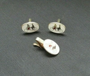 Antique Bicycle Built for Two Enamel Cuff Links and Tie Clasp - Picture 1 of 4