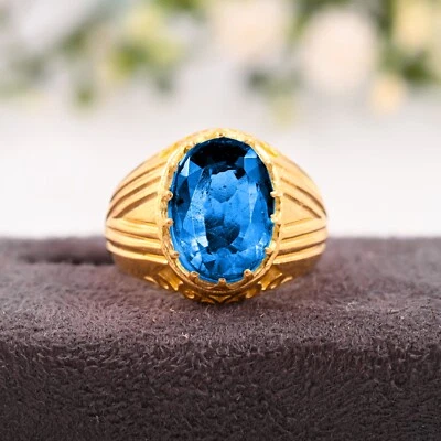 Handmade AAA Natural London Blue Topaz Ring 14K Yellow Gold For Wedding Gift. - Image 1 of 3