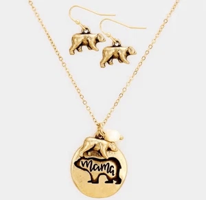 Neu Damen Mama Bär gehämmert brüniertes Gold Anhänger Halskette & Ohrringe Set - Bild 1 von 1