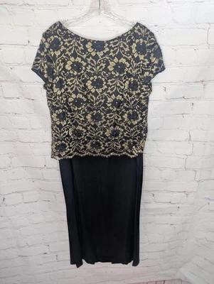 Vestido de cóctel vintage John Roberts negro y dorado brillante largo forrado floral talla 14 Foto 1 de 4