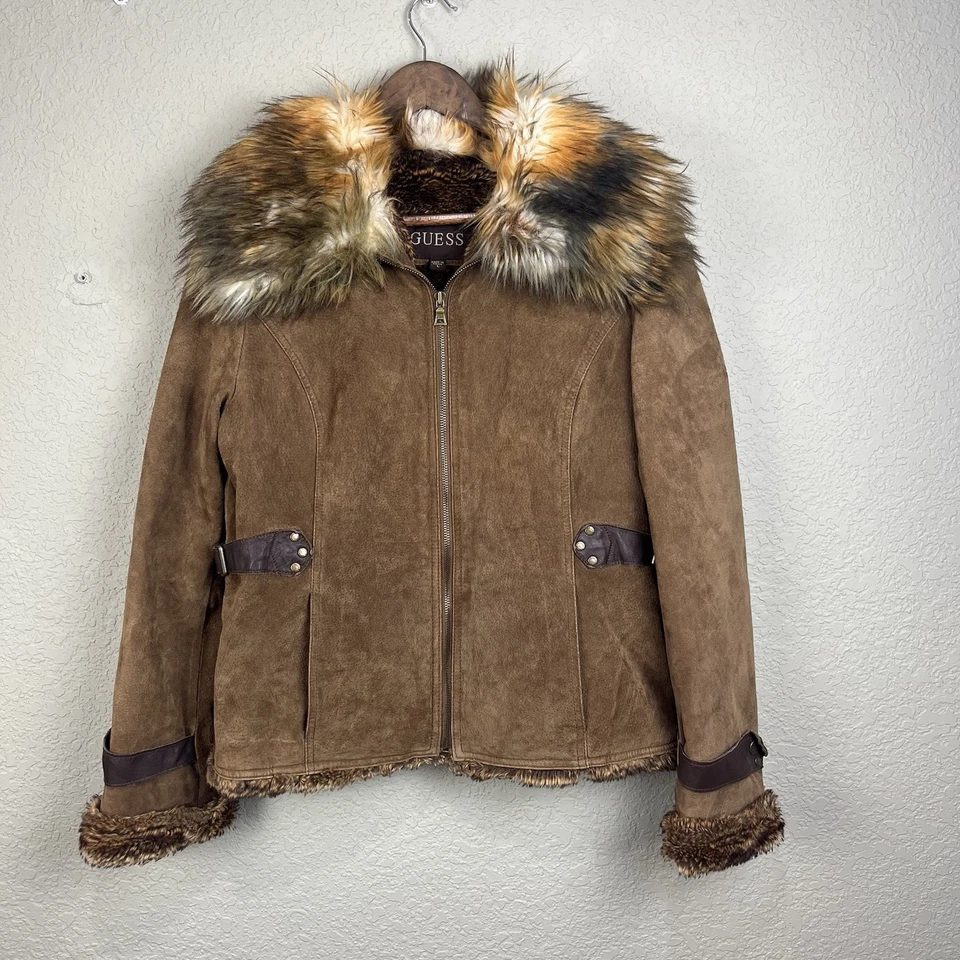 Chaqueta de gamuza GUESS de piel sintética y cuero genuino grande/marrón cremallera completa Y2K de colección Foto 1 de 4