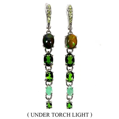 925 Sterling Silver Earrings Oval Black Opal 8x6mm Emerald Gemstone Jewelry - Image 1 of 4