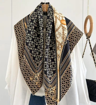 14 Momme Twill 100% Silk Mulberry Scarf Square Shawl Wrap Brown Chain Print 35'' - Image 1 of 4