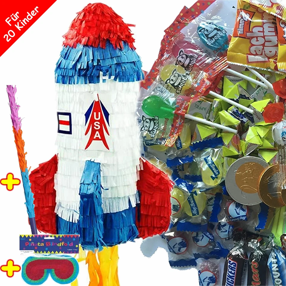 Pinata Set: Rakete + Maske + Stock + Füllung - Party Kindergeburtstag Geburtstag - Bild 1 von 4