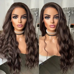 Pre Plucked Long Wavy Frontal T Lace Wigs Women Synthetic Hair Dark brown - Picture 1 of 8