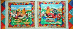 Fabric Panel 2 Pillow Fronts Chicken Rooster Chicks Farm Green Acres Cotton C  - Picture 1 of 3