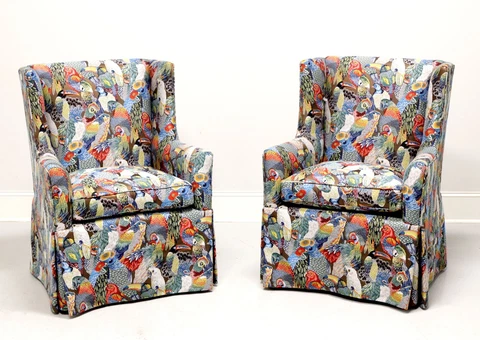 21st Century Traditional Club Chairs in Colorful Bird Themed Fabric - Pair Cover