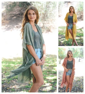 Womens Open Front Long Kimono Cardigan Woven Tribal Boho Hippie Duster - Picture 1 of 11