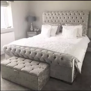 Stylish Sleigh Chesterfield Upholstered Designer Crushed Velvet Bed Frames - Picture 1 of 6
