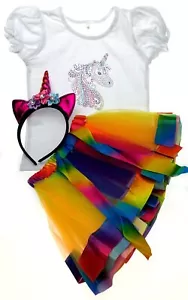 Unicorn Girls Costume T Shirt Tutu Rainbow Skirt Red Headband Bling XS Halloween - Picture 1 of 6
