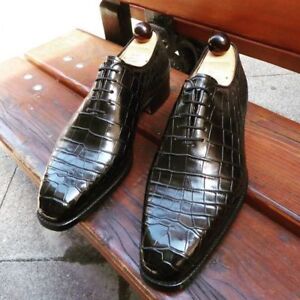 Men,s Handmade Leather Shoes, Formal Crocodile Texture Leather Men Black Shoes