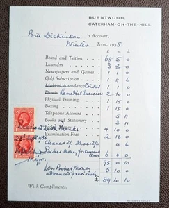 1935 Burntwood School Account, Caterham-on-the-Hill, Student Term Invoice - Picture 1 of 1