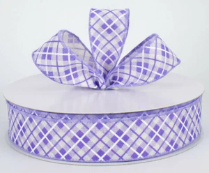 1.5" wired ribbon lavender purple lilac argyle plaid with white lines 5 yds - Picture 1 of 2