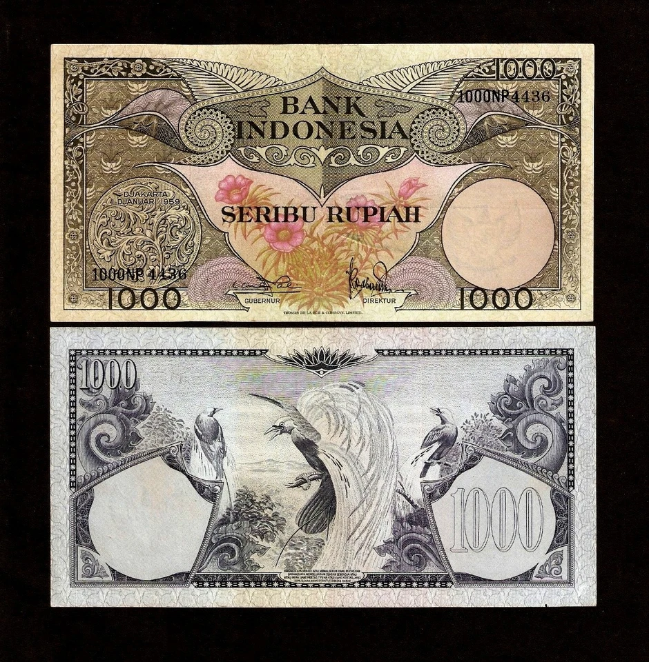 INDONESIA 1000 1,000 RUPIAH P-71 a 1959 2 LET PREFIX UNC HORN BULL ANIMAL NOTE - Image 1 of 1