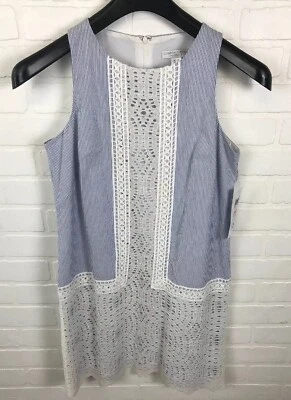 London Times Petites 10 Women’s Crochet Lace Stripe Shift Dress White/Blue Foto 1 de 4