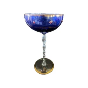 Antique 10" Art Glass Twisted Stem Cobalt/Clear Bowl Compote. Gilding/ Stones - Picture 1 of 7
