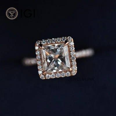 2 Carat Princess Cut CVD Lab Grown Diamond 14K Rose Gold Halo Engagement Ring - Image 1 of 4