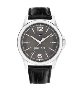 Tommy Hilfiger Men's Watch Gray Dial Black Leather Strap 44.5mm 1791376 New - Picture 1 of 3