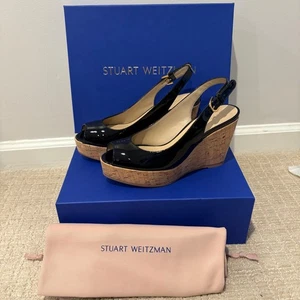 Stuart Weitzman Jean Black Patent Leather Cork Wedge Slingback Peep Toe 8 B - Picture 1 of 10