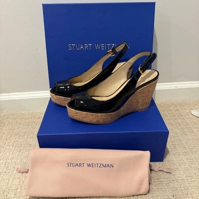 Stuart Weitzman Jean Black Patent Leather Cork Wedge Slingback Peep Toe 8 B - Image 1 of 4