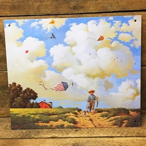 Nostalgic Little Boy with Fishing Gear & Patriotic Kite Decorative Tin Sign - Picture 1 of 1