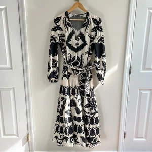 Zara Maxikleid 100% Baumwolle Bedruckt Schwarz & Ecru Gürtel Langarm L - Bild 1 von 10