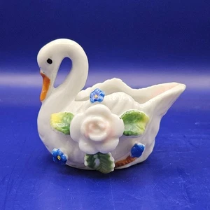 Vintage Miniatur 2 Zoll Keramik Schwan Korb mit Blumen Made in Japan - Bild 1 von 7