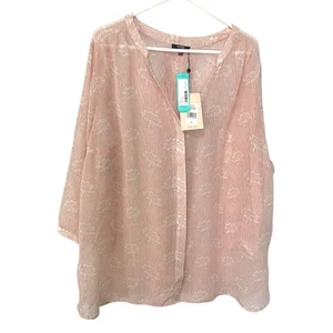 New With Tag NYDJWomens 2X Lilibet Pintuck Button Down V Neck Blouse Sheer Pink - Picture 1 of 10
